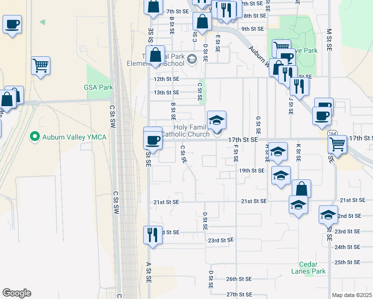 map of restaurants, bars, coffee shops, grocery stores, and more near 1702 C Street Southeast in Auburn
