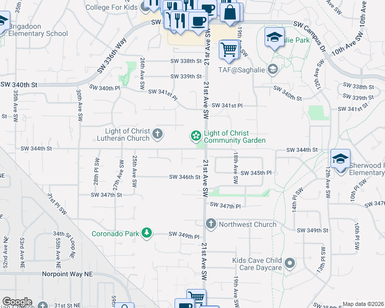 map of restaurants, bars, coffee shops, grocery stores, and more near 2126 Southwest 344th Court in Federal Way