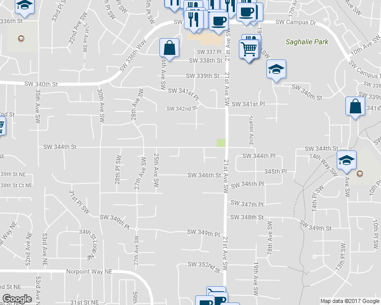 map of restaurants, bars, coffee shops, grocery stores, and more near 2311 Southwest 344th Street in Federal Way