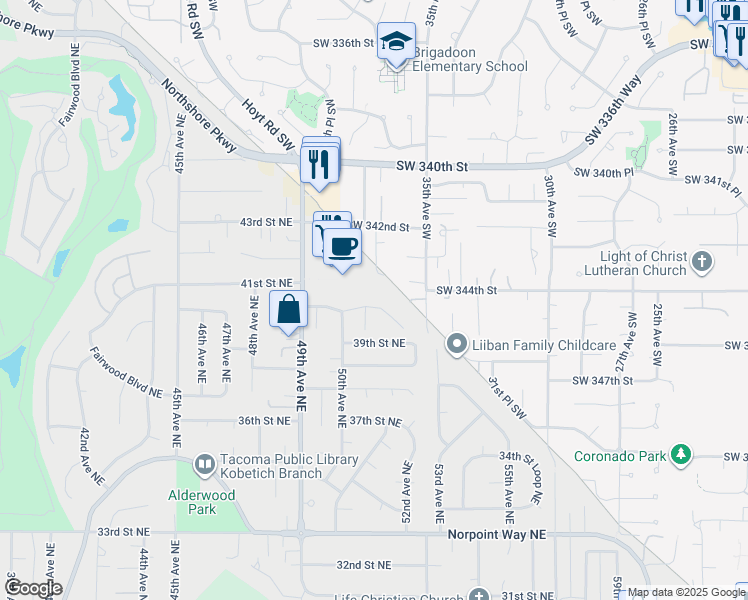map of restaurants, bars, coffee shops, grocery stores, and more near 5025 40th Street Northeast in Tacoma