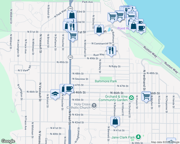 map of restaurants, bars, coffee shops, grocery stores, and more near 5533 North 48th Street in Tacoma