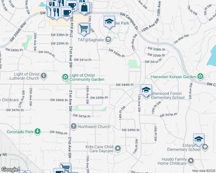 map of restaurants, bars, coffee shops, grocery stores, and more near 34325 15th Place Southwest in Federal Way