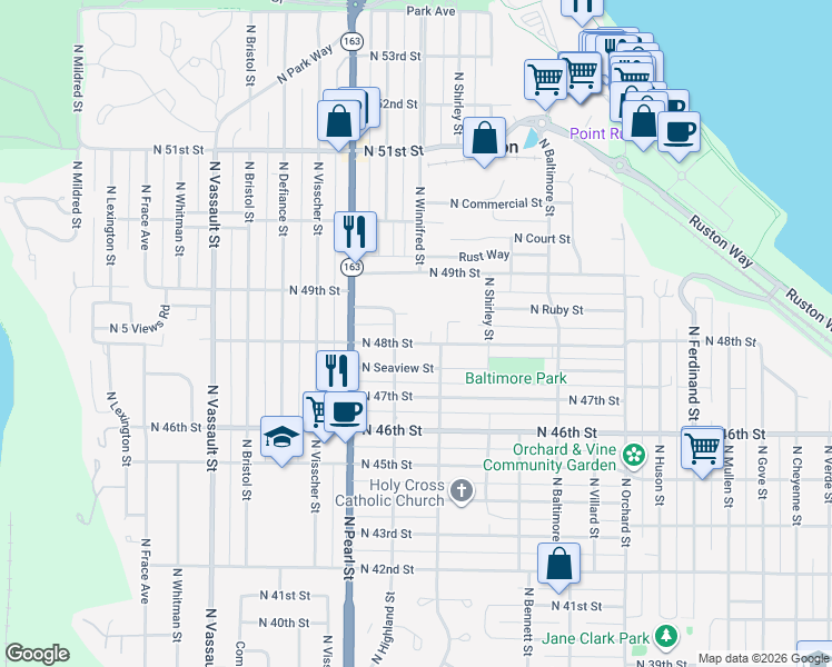 map of restaurants, bars, coffee shops, grocery stores, and more near 5533 North 48th Street in Tacoma
