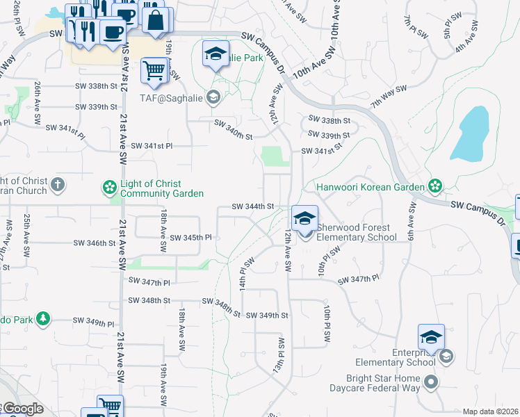map of restaurants, bars, coffee shops, grocery stores, and more near 34318 13th Place Southwest in Federal Way