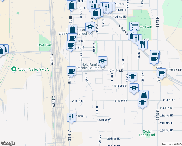 map of restaurants, bars, coffee shops, grocery stores, and more near 310 17th Street Southeast in Auburn
