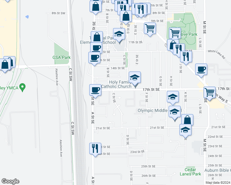map of restaurants, bars, coffee shops, grocery stores, and more near 1702 C Street Southeast in Auburn