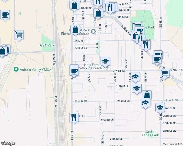 map of restaurants, bars, coffee shops, grocery stores, and more near 1702 C Street Southeast in Auburn