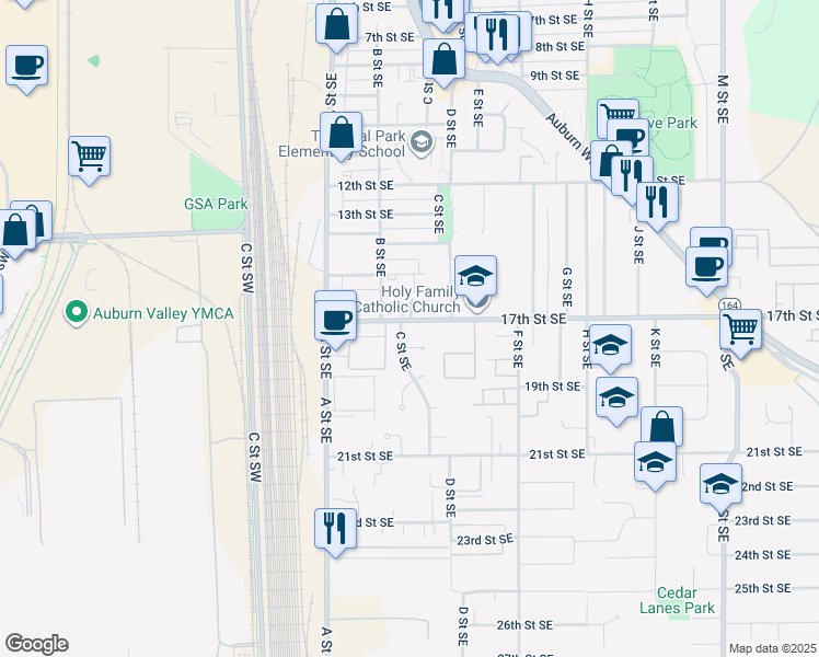 map of restaurants, bars, coffee shops, grocery stores, and more near 1702 C Street Southeast in Auburn