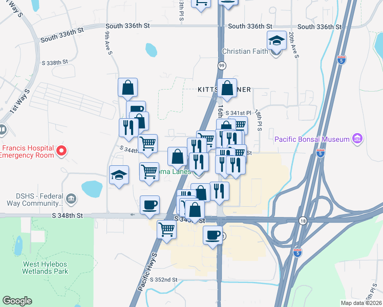 map of restaurants, bars, coffee shops, grocery stores, and more near 34413 Pacific Highway South in Federal Way