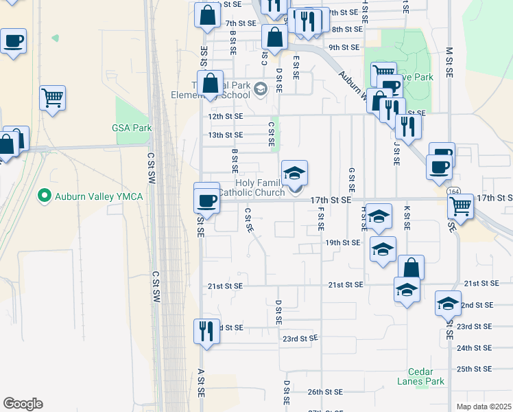 map of restaurants, bars, coffee shops, grocery stores, and more near 1702 C Street Southeast in Auburn