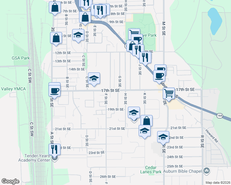 map of restaurants, bars, coffee shops, grocery stores, and more near 604 17th Street Southeast in Auburn