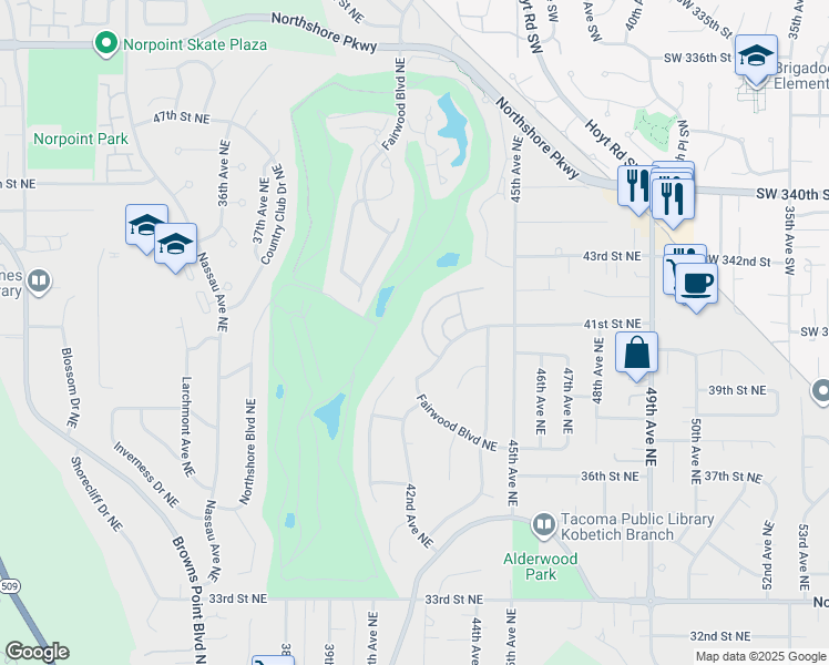 map of restaurants, bars, coffee shops, grocery stores, and more near 4118 Augusta Drive Northeast in Tacoma