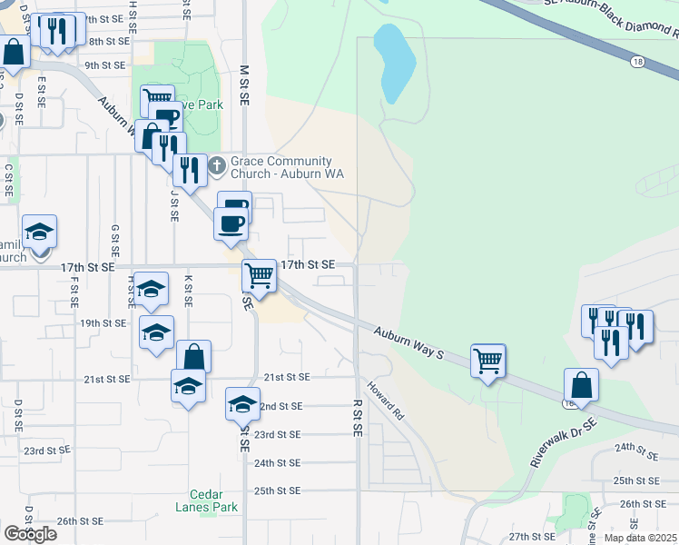 map of restaurants, bars, coffee shops, grocery stores, and more near 1420 17th Street Southeast in Auburn