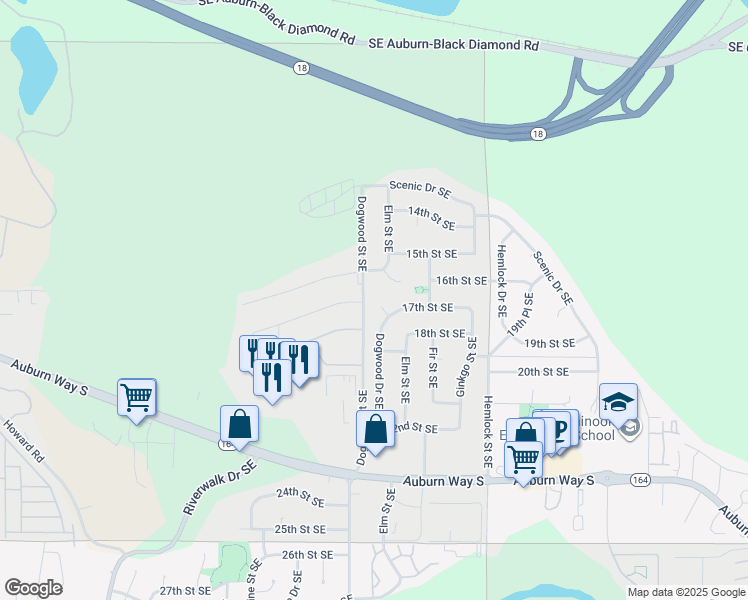 map of restaurants, bars, coffee shops, grocery stores, and more near 1709 Dogwood Drive Southeast in Auburn