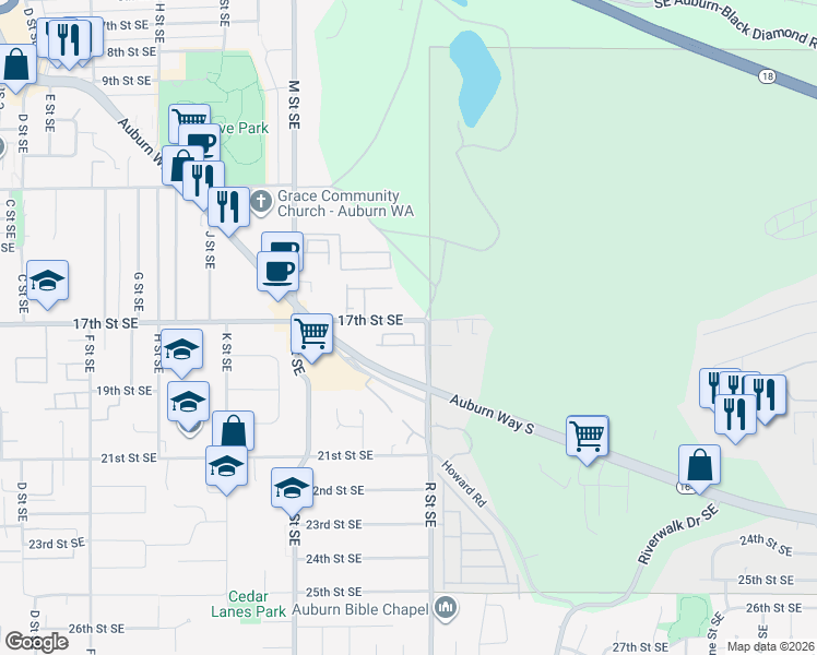 map of restaurants, bars, coffee shops, grocery stores, and more near 1420 17th Street Southeast in Auburn