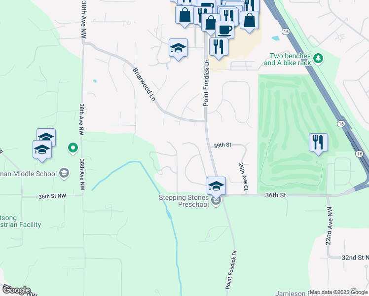 map of restaurants, bars, coffee shops, grocery stores, and more near 3104 39th Street Court Northwest in Gig Harbor