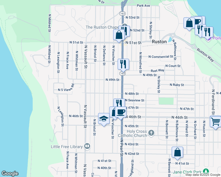 map of restaurants, bars, coffee shops, grocery stores, and more near 4811 North Visscher Street in Tacoma