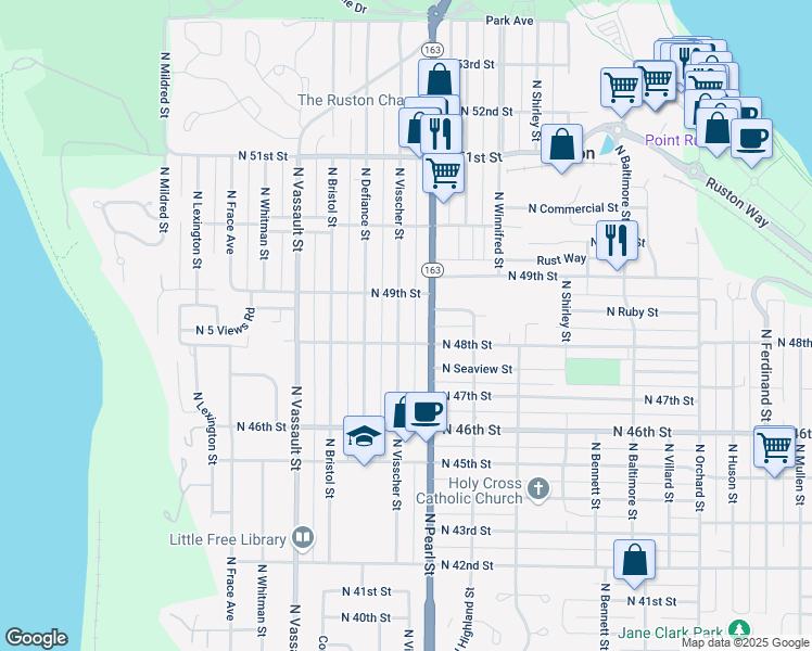 map of restaurants, bars, coffee shops, grocery stores, and more near 4811 North Visscher Street in Tacoma