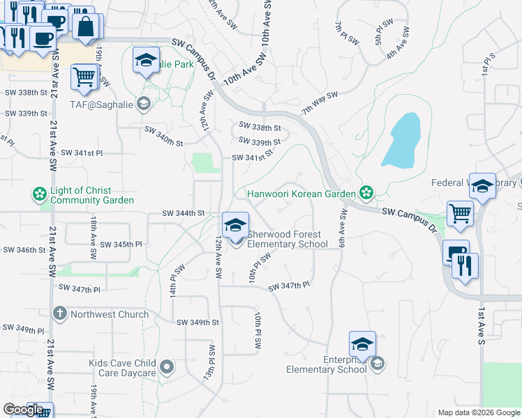 map of restaurants, bars, coffee shops, grocery stores, and more near 34471 9th Avenue Southwest in Federal Way