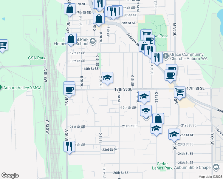 map of restaurants, bars, coffee shops, grocery stores, and more near 422 17th Street Southeast in Auburn