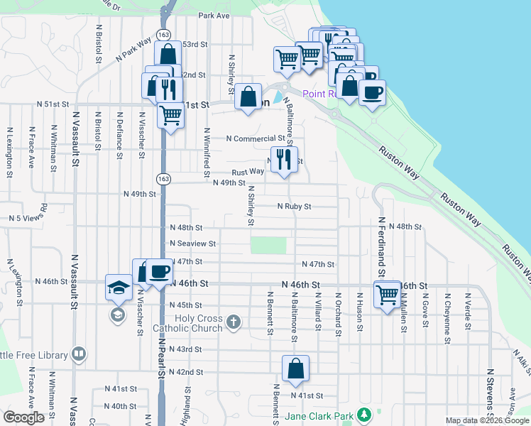 map of restaurants, bars, coffee shops, grocery stores, and more near 5334 North Ruby Street in Tacoma