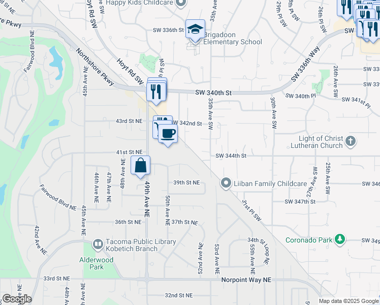 map of restaurants, bars, coffee shops, grocery stores, and more near 5025 40th Street Northeast in Tacoma