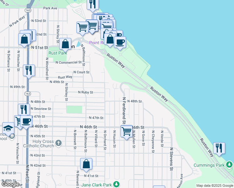 map of restaurants, bars, coffee shops, grocery stores, and more near 4815 North Huson Street in Tacoma