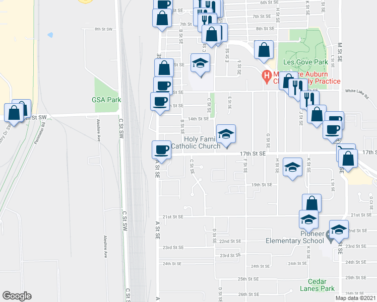 map of restaurants, bars, coffee shops, grocery stores, and more near 1702 C Street Southeast in Auburn