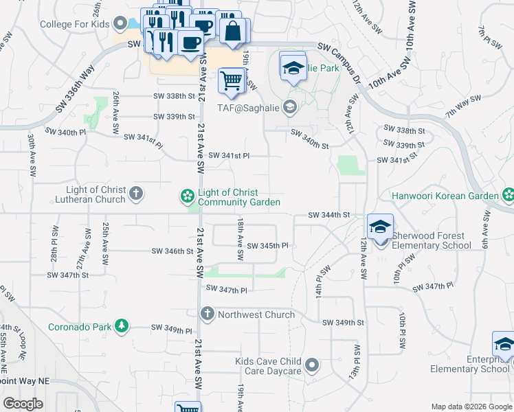 map of restaurants, bars, coffee shops, grocery stores, and more near 1822 Southwest 344th Place in Federal Way