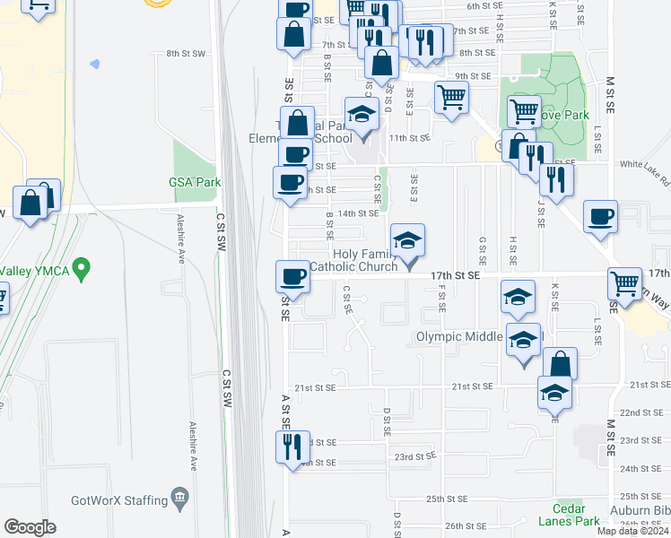 map of restaurants, bars, coffee shops, grocery stores, and more near 1602 B Street Southeast in Auburn