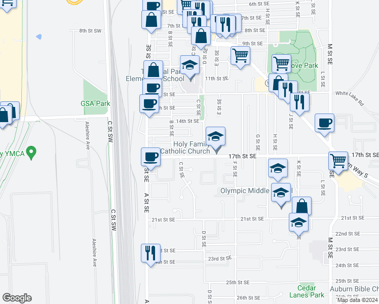 map of restaurants, bars, coffee shops, grocery stores, and more near 1702 C Street Southeast in Auburn