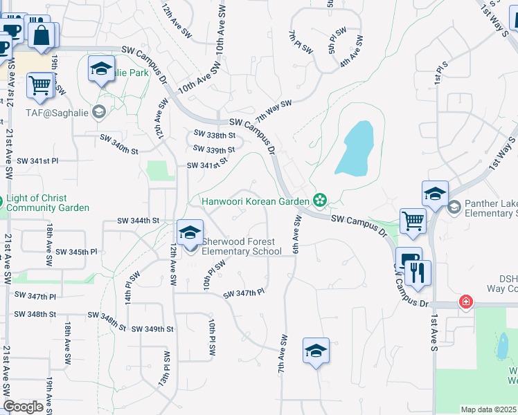 map of restaurants, bars, coffee shops, grocery stores, and more near 34447 8th Avenue Southwest in Federal Way