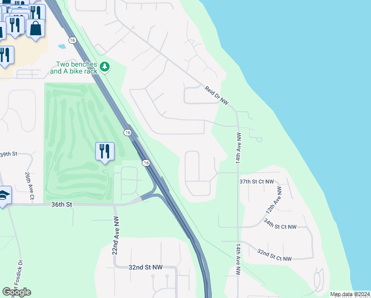 map of restaurants, bars, coffee shops, grocery stores, and more near 1611 39th Street Court Northwest in Gig Harbor