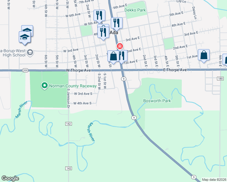 map of restaurants, bars, coffee shops, grocery stores, and more near 109 West 2nd Avenue South in Ada