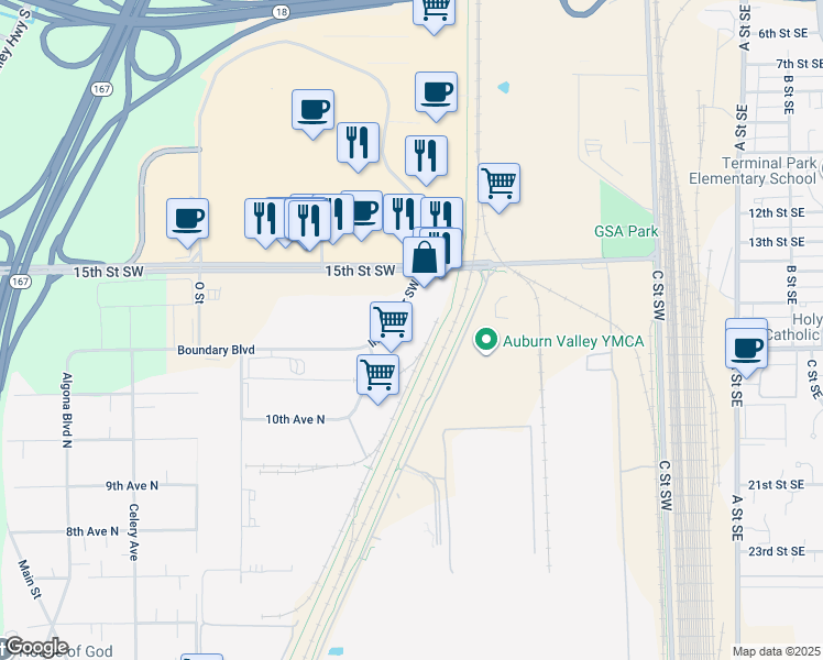 map of restaurants, bars, coffee shops, grocery stores, and more near Interurban Trail in Algona