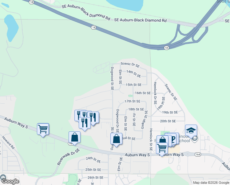map of restaurants, bars, coffee shops, grocery stores, and more near 1709 Dogwood Drive Southeast in Auburn