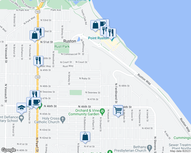 map of restaurants, bars, coffee shops, grocery stores, and more near 5115 North Ruby Street in Tacoma