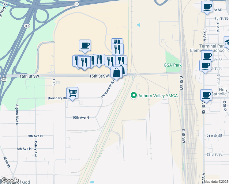 map of restaurants, bars, coffee shops, grocery stores, and more near 1620 Industry Drive Southwest in Auburn