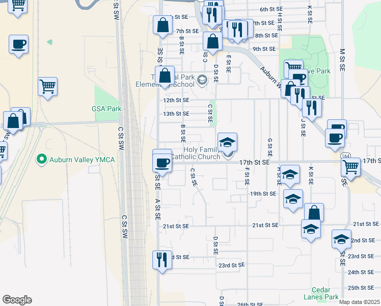 map of restaurants, bars, coffee shops, grocery stores, and more near 1702 C Street Southeast in Auburn