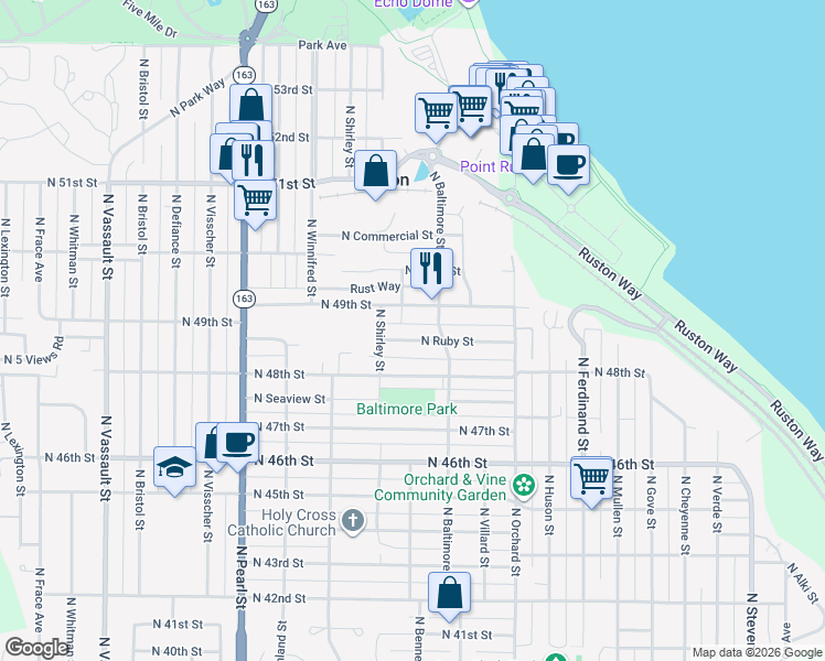 map of restaurants, bars, coffee shops, grocery stores, and more near 5334 North Ruby Street in Tacoma