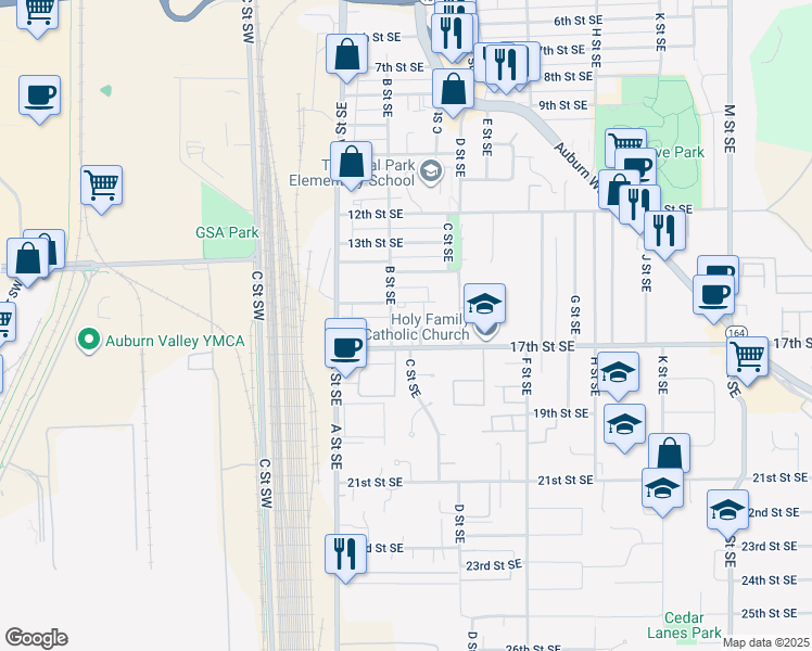 map of restaurants, bars, coffee shops, grocery stores, and more near 1702 C Street Southeast in Auburn