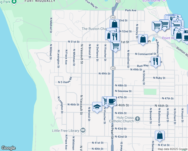 map of restaurants, bars, coffee shops, grocery stores, and more near 4810 North Defiance Street in Tacoma