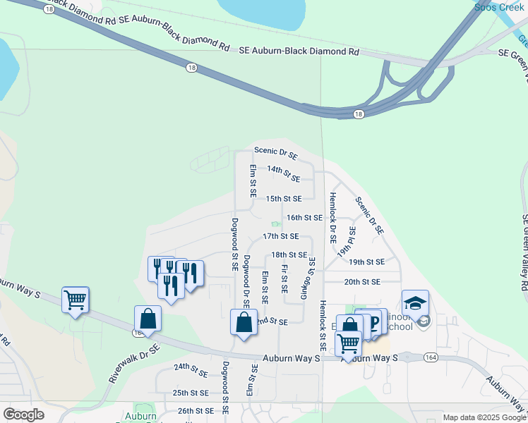 map of restaurants, bars, coffee shops, grocery stores, and more near 2919 15th Street Southeast in Auburn