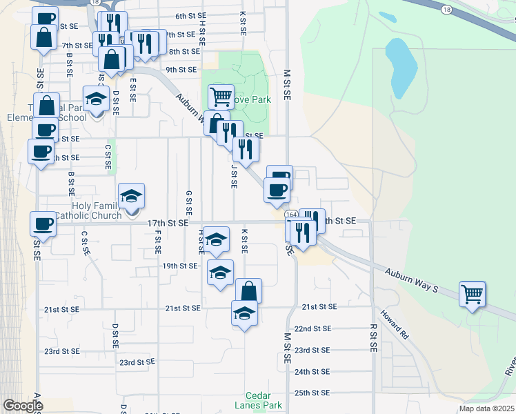 map of restaurants, bars, coffee shops, grocery stores, and more near 1407 Auburn Way South in Auburn