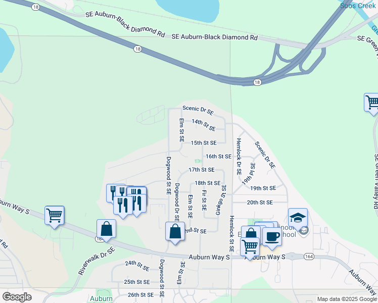 map of restaurants, bars, coffee shops, grocery stores, and more near 2919 15th Street Southeast in Auburn