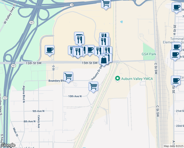 map of restaurants, bars, coffee shops, grocery stores, and more near 1620 Industry Drive Southwest in Auburn