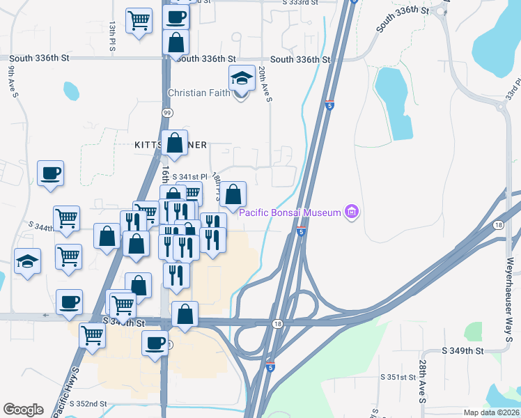 map of restaurants, bars, coffee shops, grocery stores, and more near 2020 South 344th Street in Federal Way