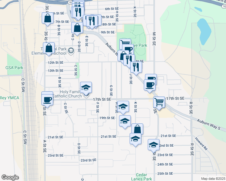 map of restaurants, bars, coffee shops, grocery stores, and more near in Auburn