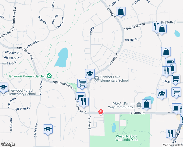 map of restaurants, bars, coffee shops, grocery stores, and more near 32 South 342nd Place in Federal Way