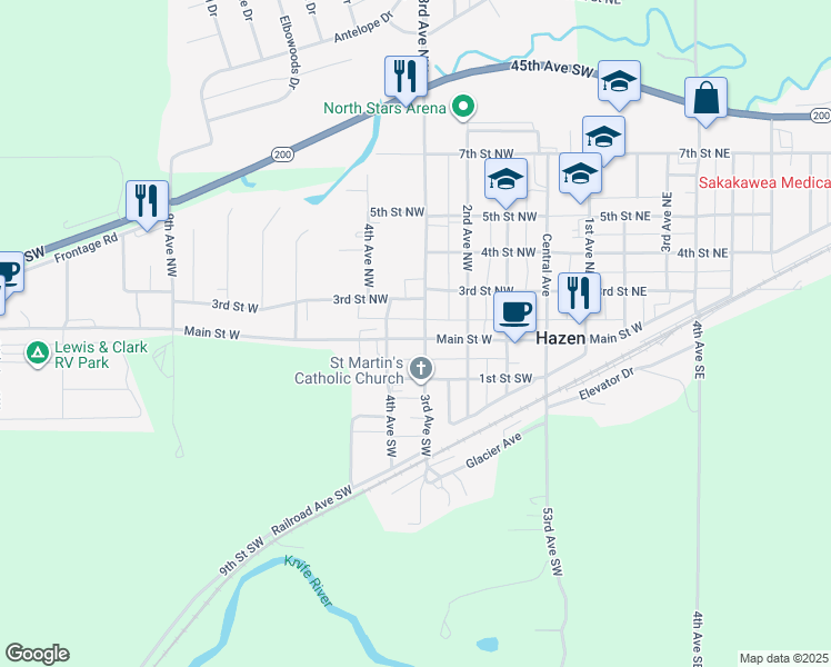 map of restaurants, bars, coffee shops, grocery stores, and more near 179 3rd Avenue Northwest in Hazen